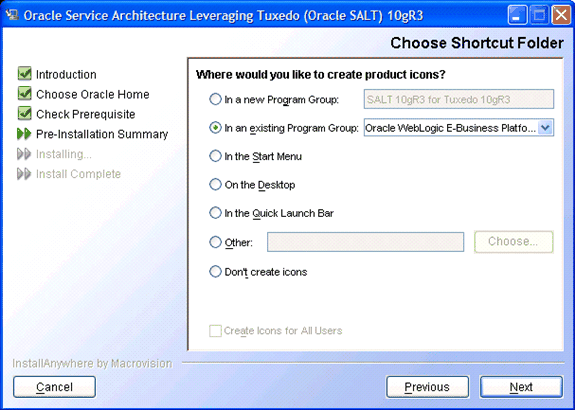 Choose Shortcut Folder Screen (Windows only)