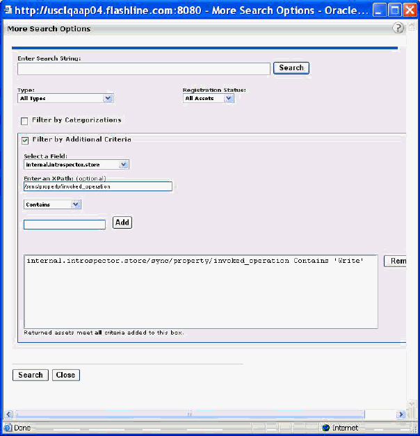 Viewing the More Search Options Dialog Box in Oracle Enterpise Repository