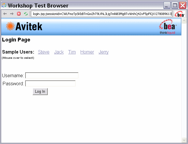Login Page in the Workshop Test Browser