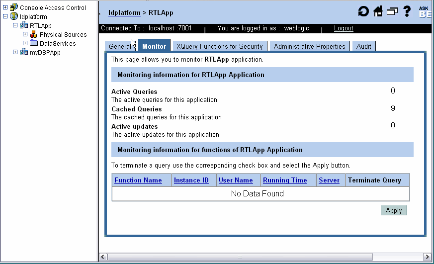 DSP Administration Console Application Monitor Tab