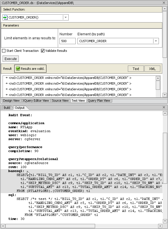 Output from RTLApp CUSTOMER_ORDER() Query with basesql Result Highlighted