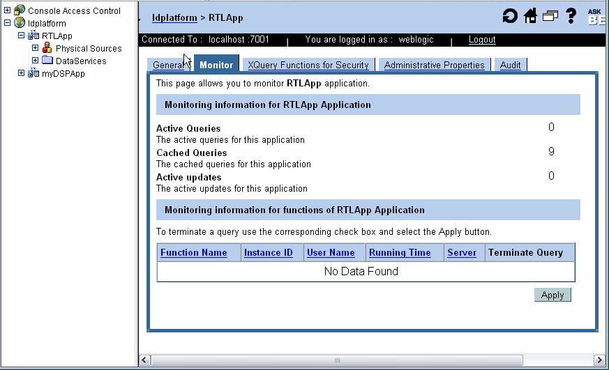 AquaLogic Data Services Platform Console Application Monitor Tab