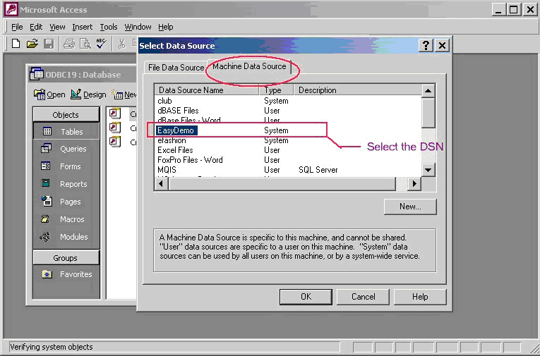 Selecting the DSN for the Database