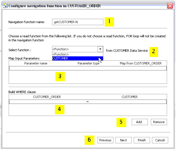 Relationship Wizard Dialog Specifying Function Name, Parameters, and Where Clauses