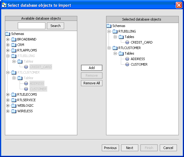 Selected Database Objects to Import