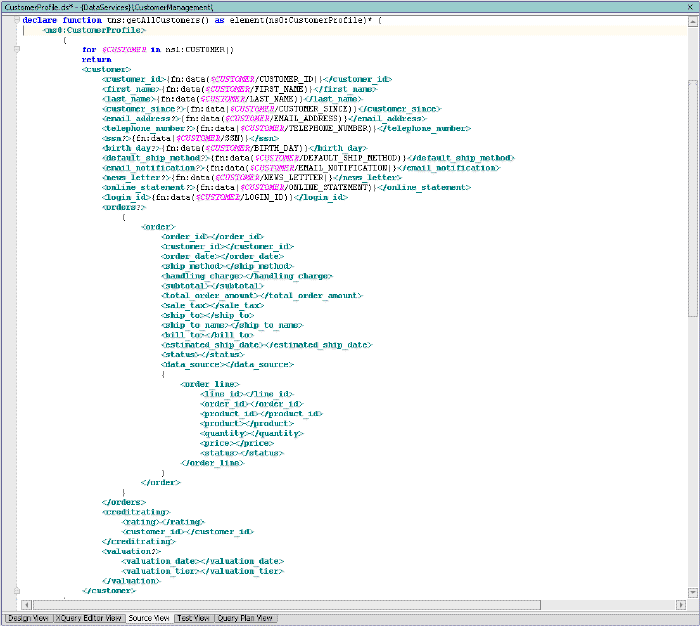 Source View of XQuery Code for CUSTOMER() Node