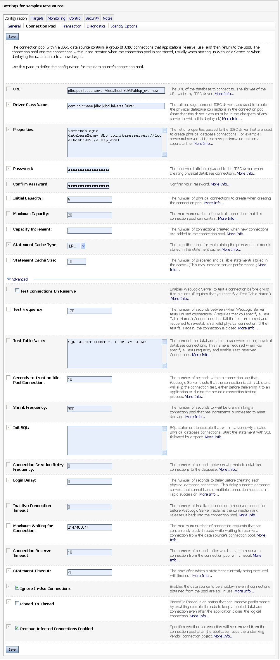 WebLogic Administration Console Connections Tab