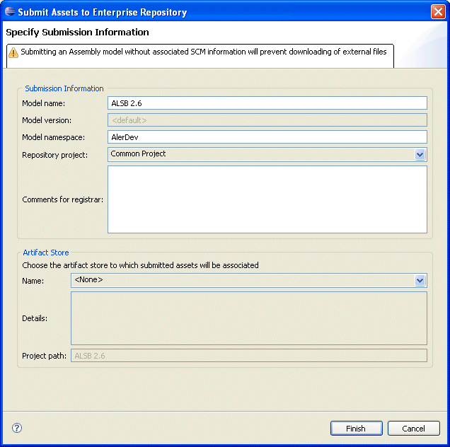 Submit Assets to ALER - Specify Submission Information