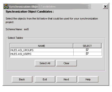 Synchronization Select Objects Page (Database Server Objects)
