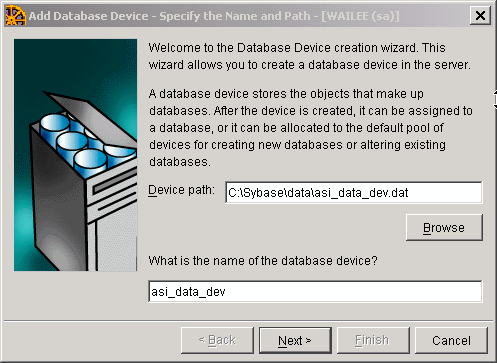 Database Device Name and Path Screen