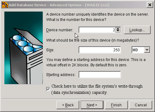 Sybase Add Database Device - Advanced Options Screen