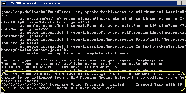 Failure Message on WLS Console