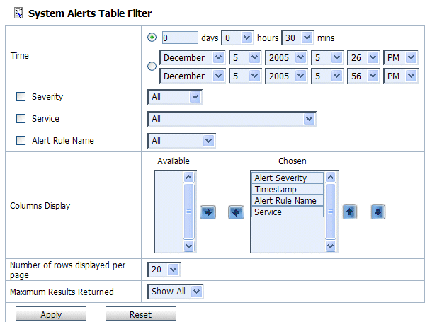 System Alerts Table Filter