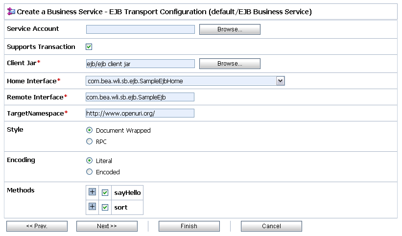Create a Business Service— EJB Transport Configuration after Selecting the Home Interface
