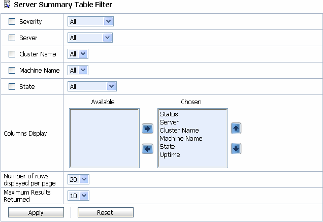 Server Summary Table Filter