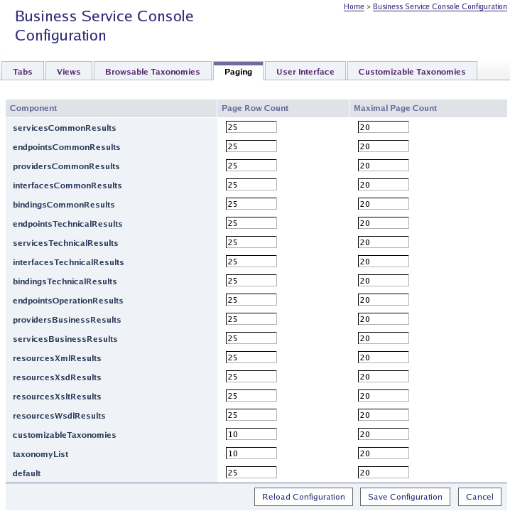 Business Service Console Configuration - Paging Limits