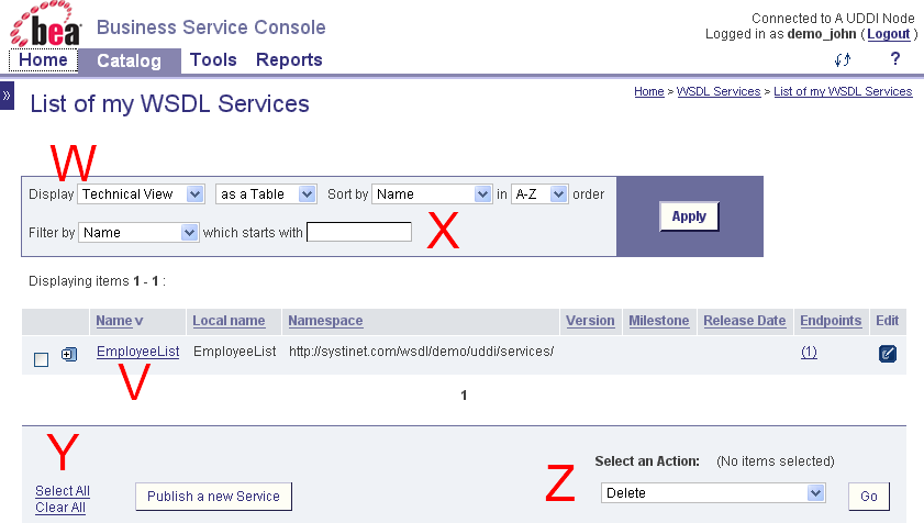 Example Business Service Console page