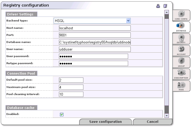 Registry Configuration - Database