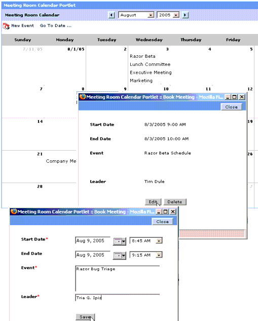 Calendar Portlet: Calendar (Monthly View), Event Details, and Event Entry Form