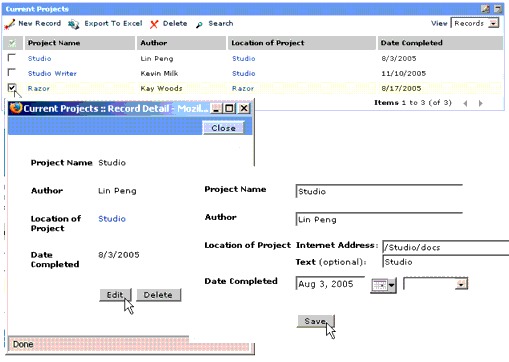 Record Browser Portlet: Report, Detail Form, and Record Entry Form