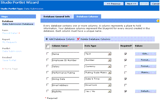 Database Columns Page