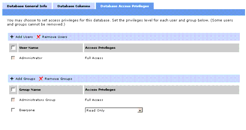 Database Access Privileges Page in the Studio Portlet Wizard
