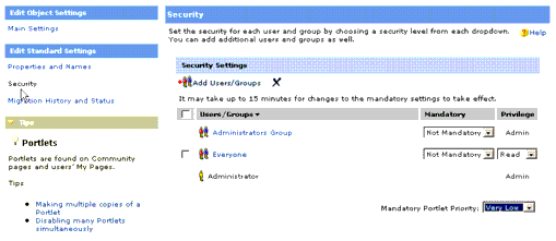Security Page in the Portlet Editor