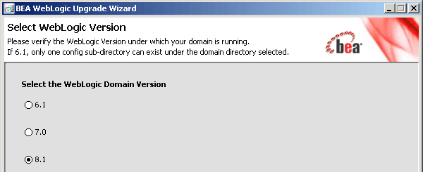 Domain Upgrade - Select WebLogic Version