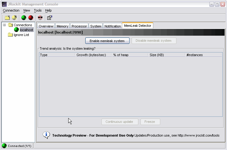 MemLeak Detector Tab in the BEA JRockit Management Console