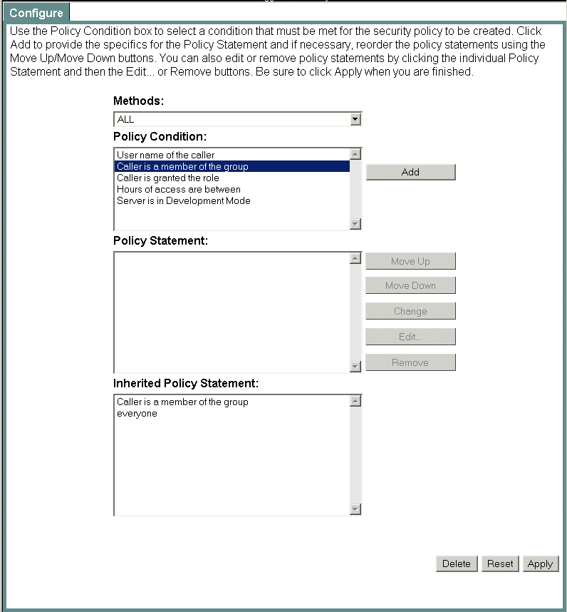 Security Policy configuration screen
