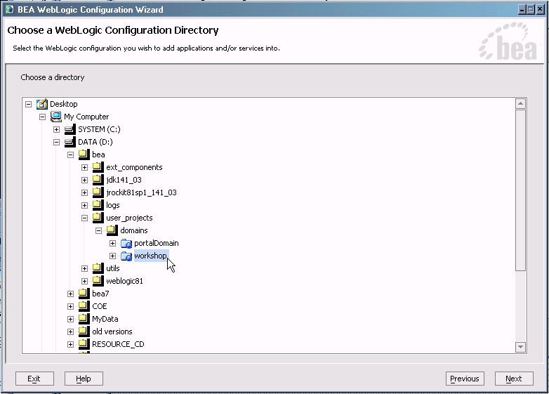 Selecting a Domain in the WebLogic Configuration Wizard 