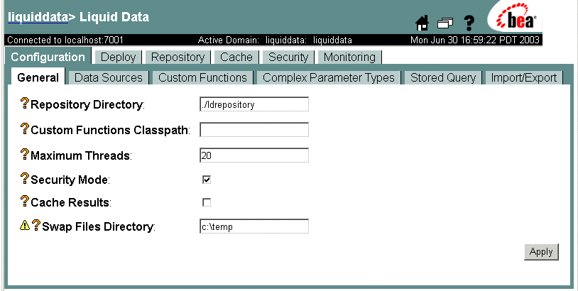 Tabs in the Liquid Data Node in the Administration Console