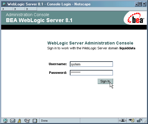 Entering WebLogic Administration Console Login Information