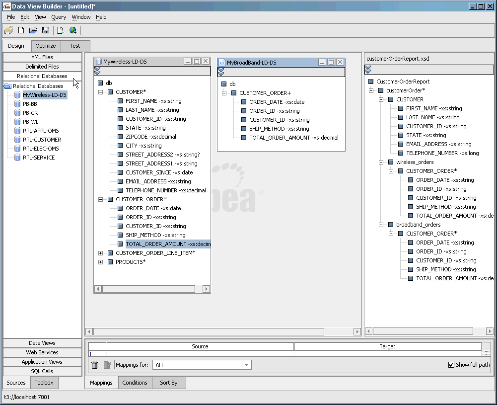 Data View Builder Showing Source and Target Schemas