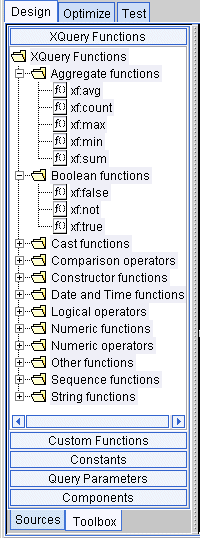 XQuery Functions Panel Showing Aggregate and Boolean Functions Tab Expanded