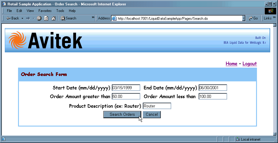 Avitek Customer Self-Service Sample Application Search Form