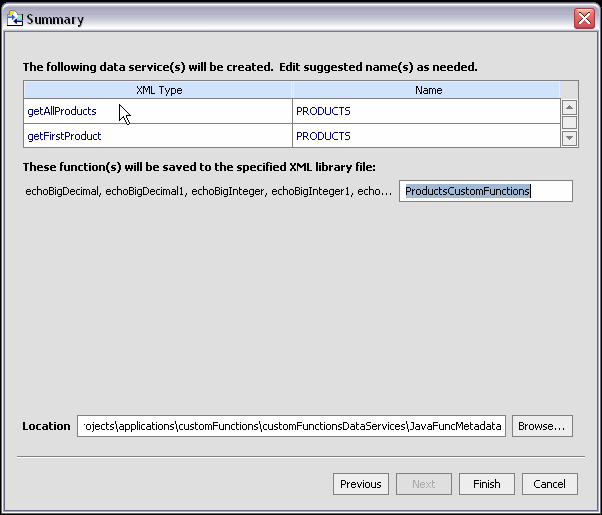 Java Function Import Summary Screen