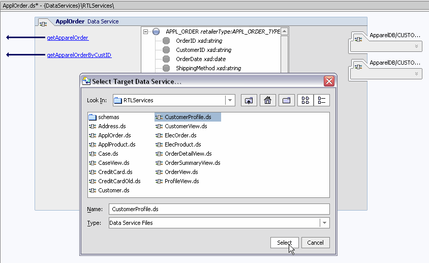 Selecting a Target Data Service for the ApplOrder Navigation Function