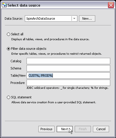 Import Data Source Metadata Selection Dialog Box