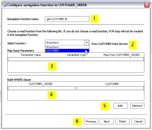 Relationship Wizard Dialog Specifying Function Name, Parameters, and Where Clauses