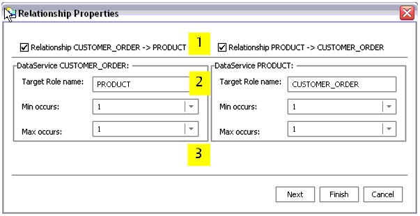 Relationship Wizard Specifying Direction, Cardinality, and Role Name