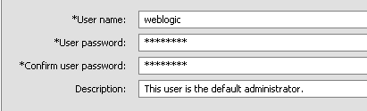 User name and password window. Enter weblogic for both the user name and password