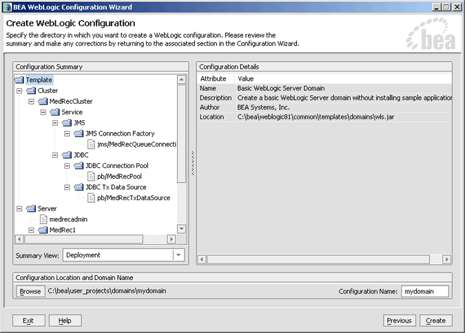 Create WebLogic Configuration window