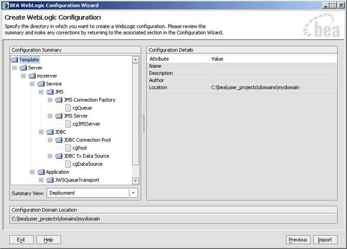 Create WebLogic Configuration window