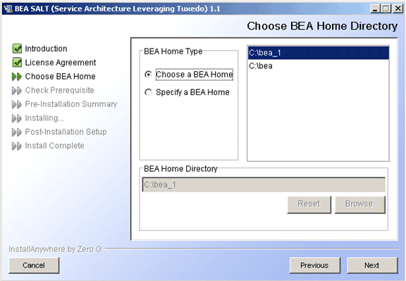Choose BEA Home Directory Screen