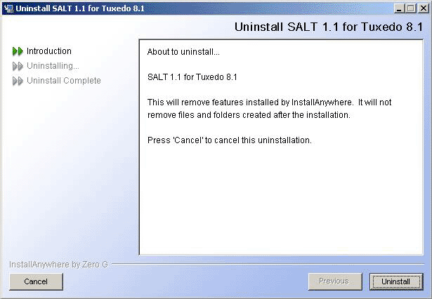 Uninstall SALT 1.1 for Tuxedo 8.1 Screen
