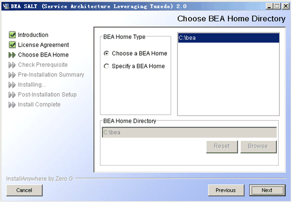 Choose BEA Home Directory Screen
