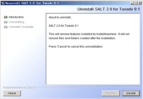 Uninstall SALT 2.0 for Tuxedo 9.1 Screen