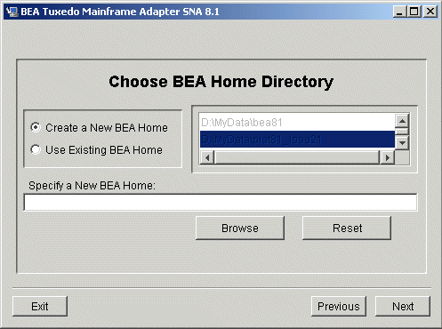 Choose BEA Home Directory Screen