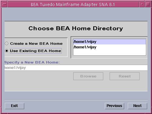 Choose BEA Home Directory Screen